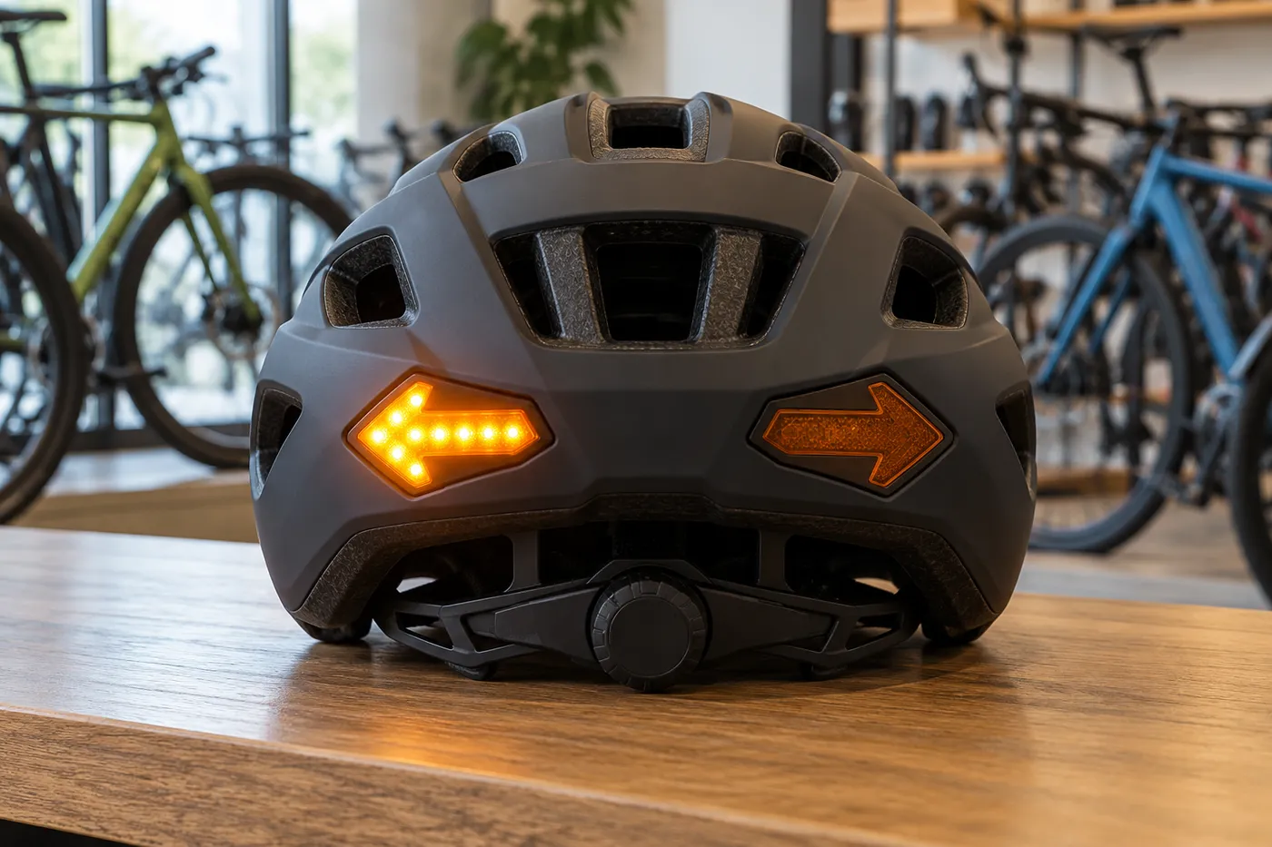 A dark grey bicycle helmet on a wooden table in a bike shop. On the back there are two orange arrow-shaped lights, one pointing left and one pointing right. The left arrow is lit up. Bicycles are in the background.
