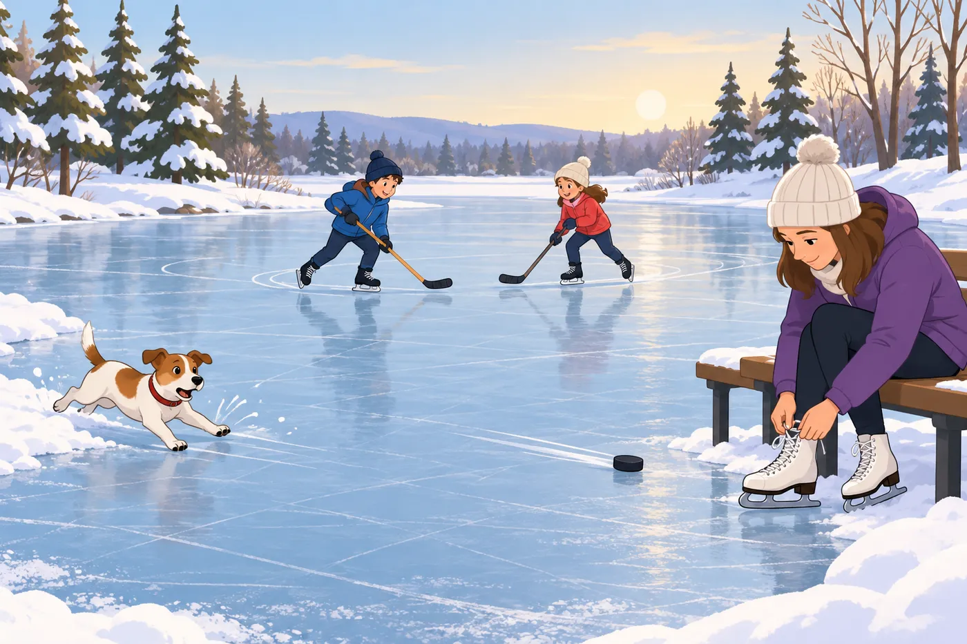 A frozen pond in a snowy park at sunset. A boy in a blue jacket and a girl in a red jacket play hockey on the ice. A hockey puck slides toward a woman in a purple jacket who is tying her white skates on a bench. A small brown and white dog runs onto the ice and slips.